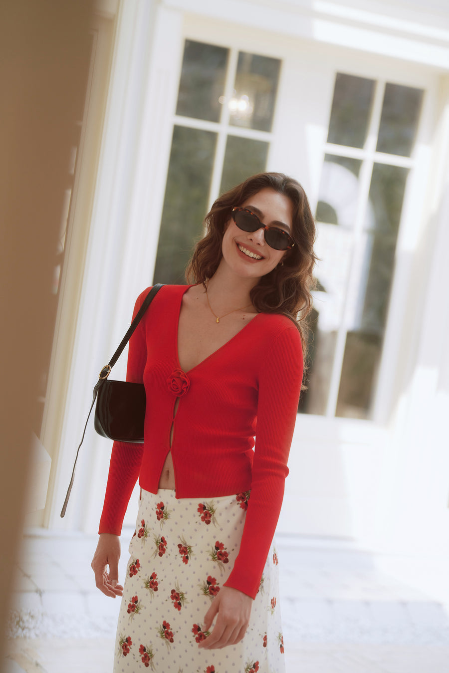 AZURIERA Roma Knit Top – Red V Neck Cardigan with Floral Detail