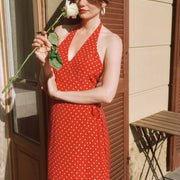 AZURIERA｜Silk Polka Dot Halter Wrap Dress – Red Backless Midi