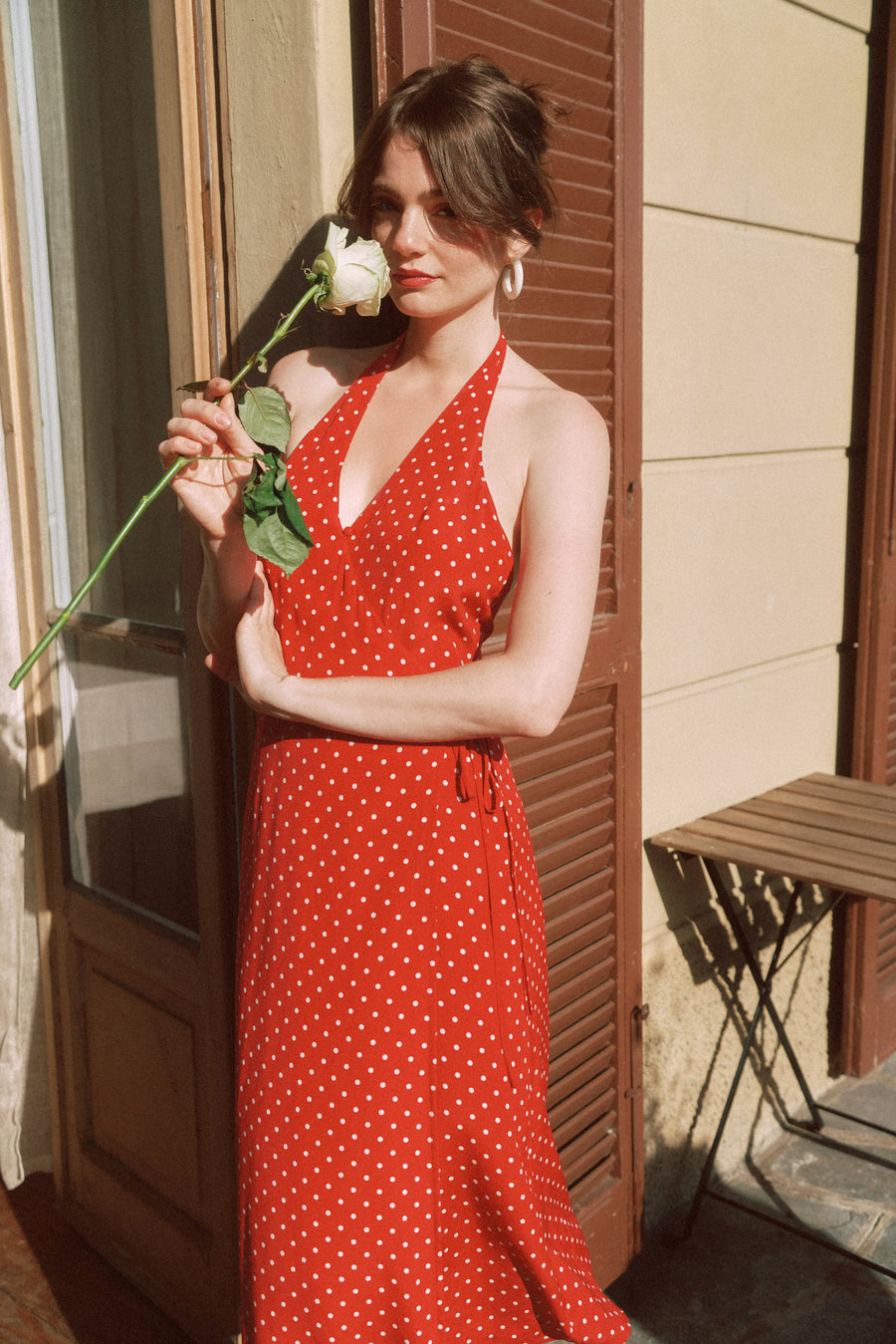 AZURIERA｜Silk Polka Dot Halter Wrap Dress – Red Backless Midi