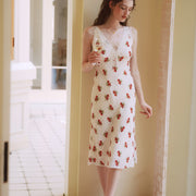 AZURIERA Marie Silk Slip Dress with Floral Print & Lace Trim