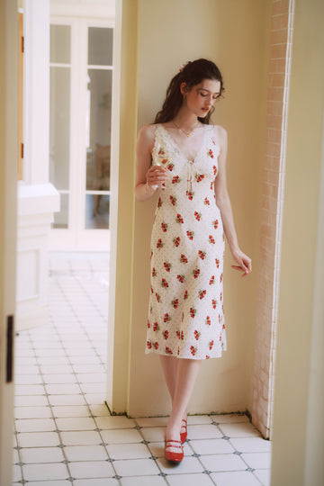 AZURIERA Marie Silk Slip Dress with Floral Print & Lace Trim
