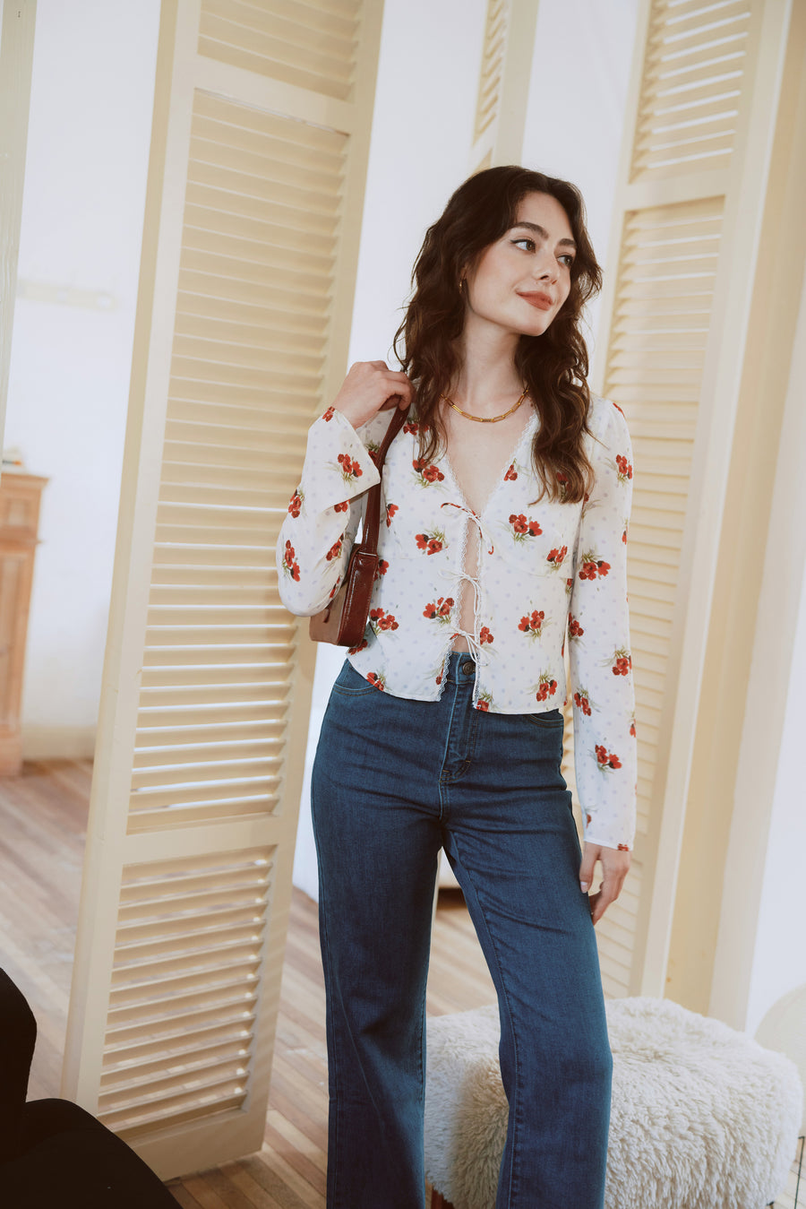 AZURIERA Delia Silk Top – Floral Polka Dot Silk Blouse with Tie Front