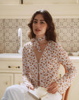 AZURIERA Delia Silk Top – Printed V Neck Tie Blouse with Lace Trim
