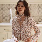 AZURIERA Delia Silk Top – Printed V Neck Tie Blouse with Lace Trim
