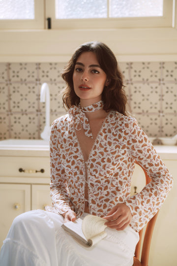 AZURIERA Delia Silk Top – Printed V Neck Tie Blouse with Lace Trim
