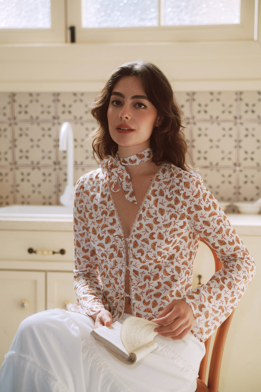 AZURIERA Delia Silk Top – Printed V Neck Tie Blouse with Lace Trim
