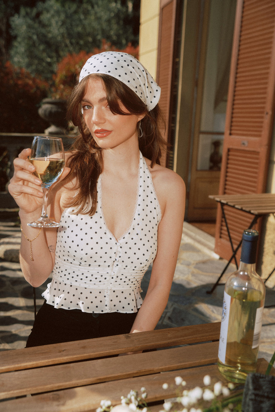 AZURIERA's silk polka dot dress features V-neck, pin-tuck waist & lace trim. 100% mulberry silk with Lyocell lining for luxurious comfort.