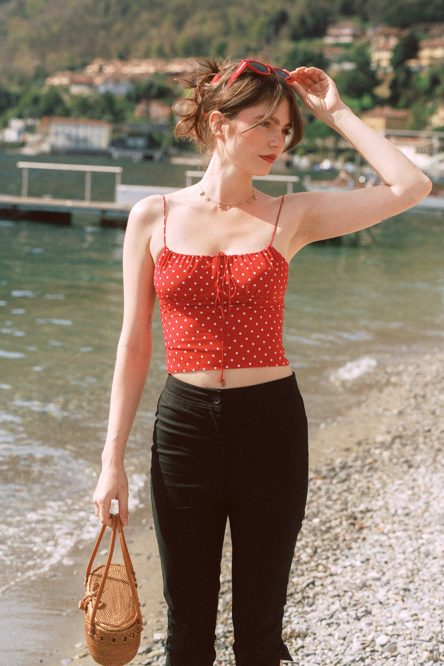 AZURIERA｜Charis Silk Red Polka Dot Crop Top