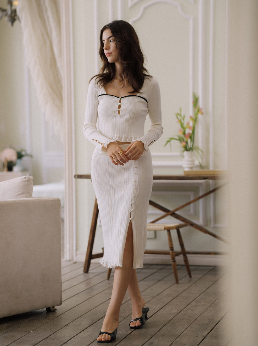 Delfinette White Knitted Top and Skirt Set｜AZURIERA