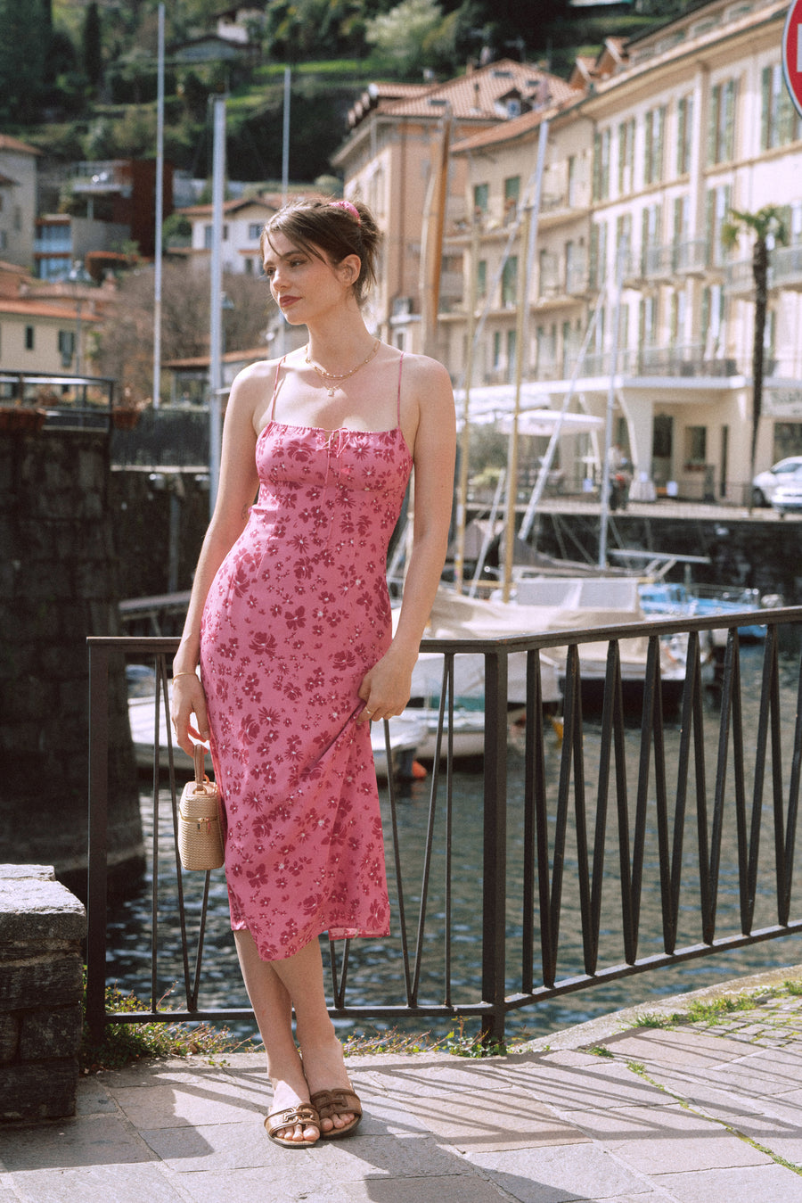 AZURIERA｜Silk Blush Floral Lace-Up Dress – Pink Open Back Midi