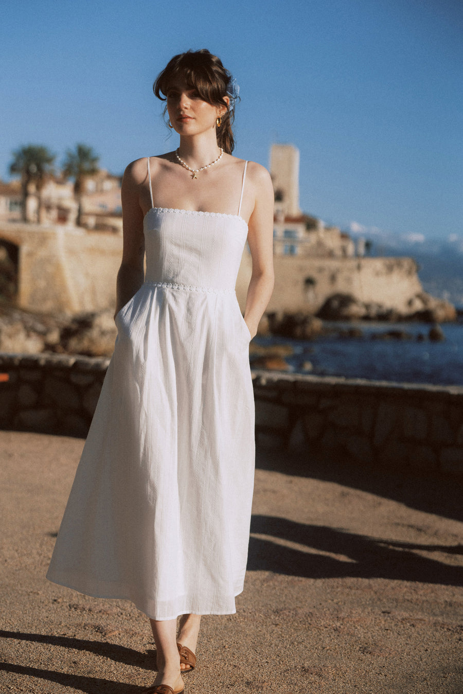 AZURIERA Cicely DressWhite Cotton Midi Dress With Pockets AZURIERA Cicely DressWhite Cotton Midi Dress With Pockets