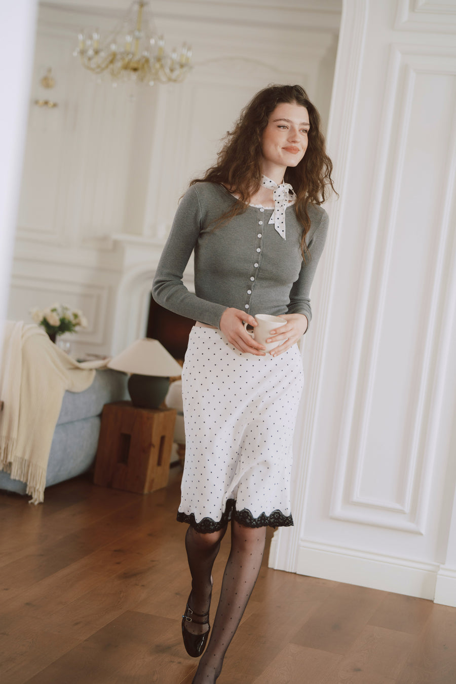 AZURIERA Fiona Knit Top – Ribbed Cardigan with Lace Trim
