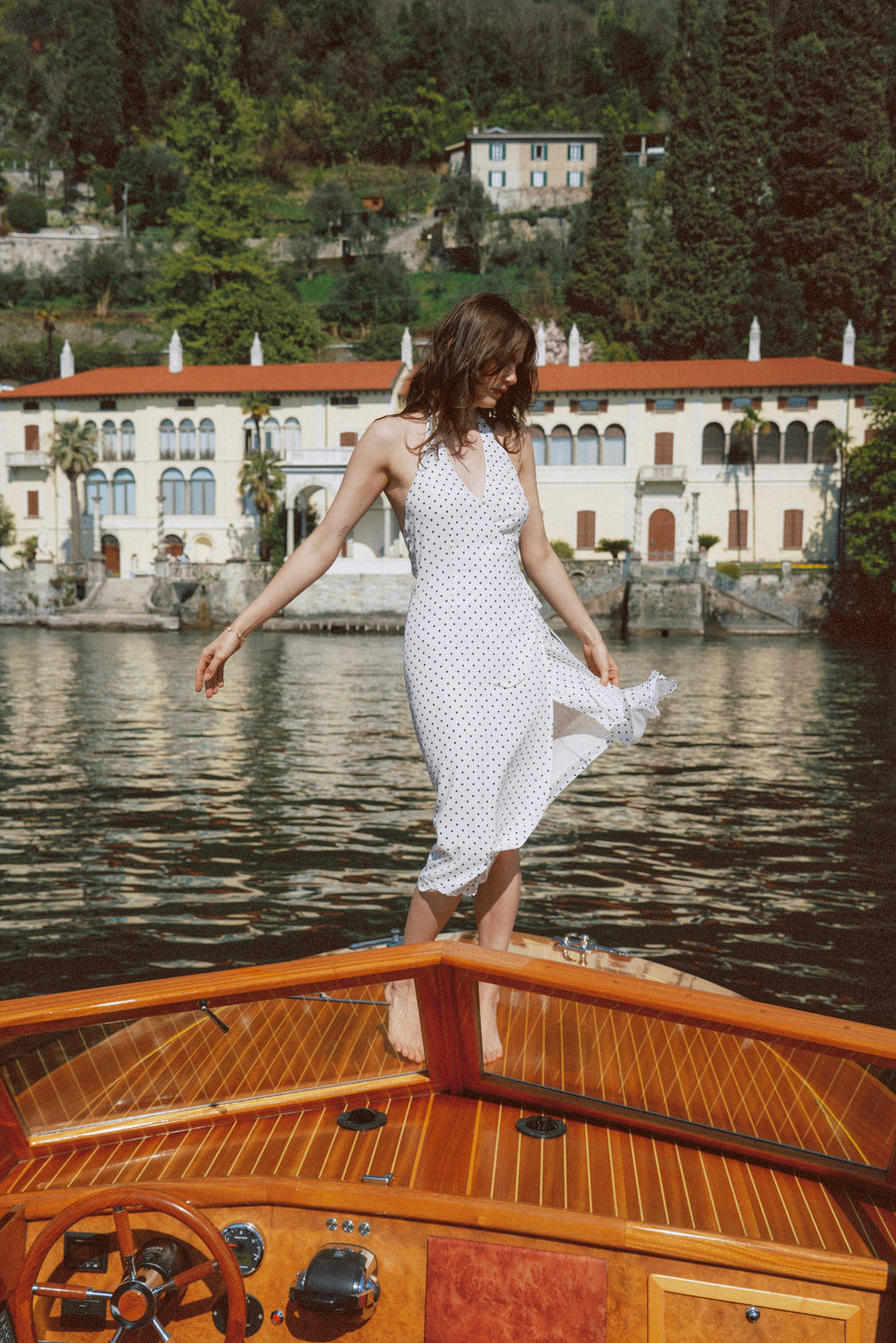 AZURIERA｜Lois Silk White Polka Dot Halter Midi Wrap Dress