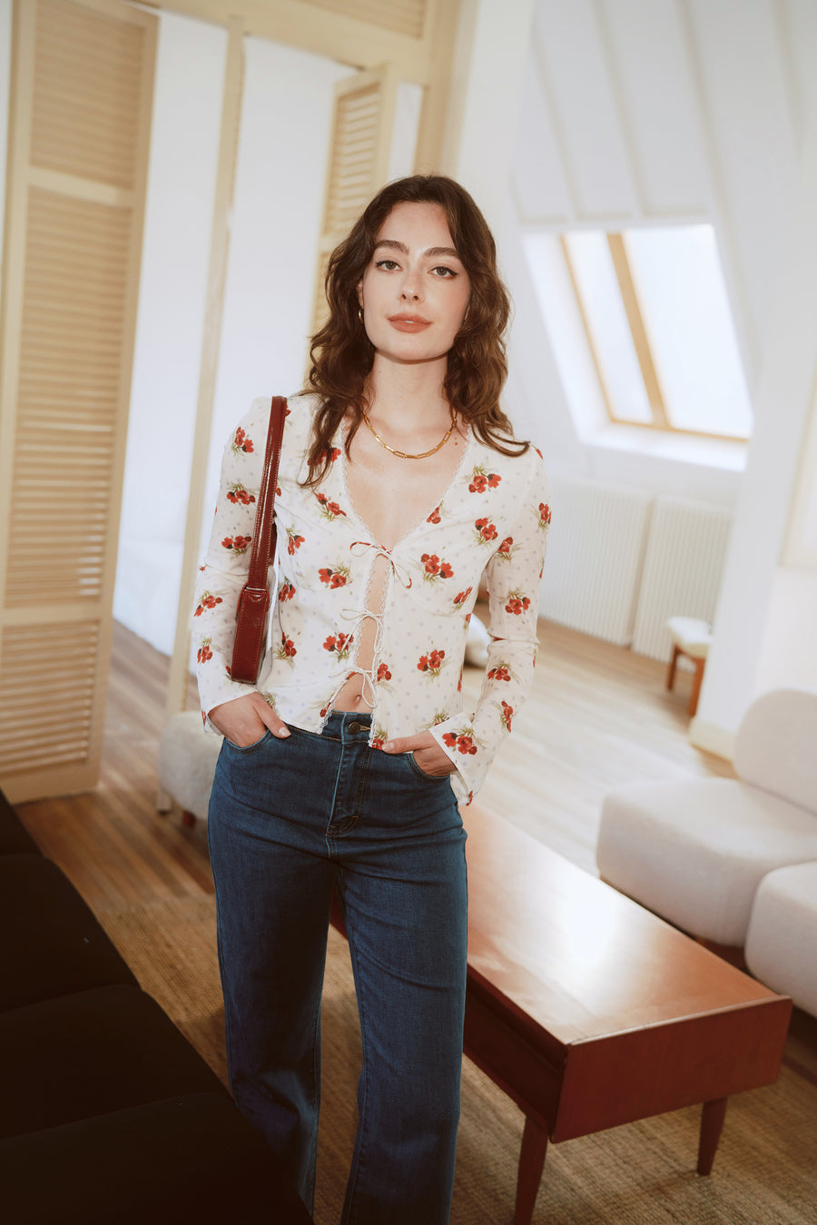 AZURIERA Delia Silk Top – Floral Polka Dot Silk Blouse with Tie Front