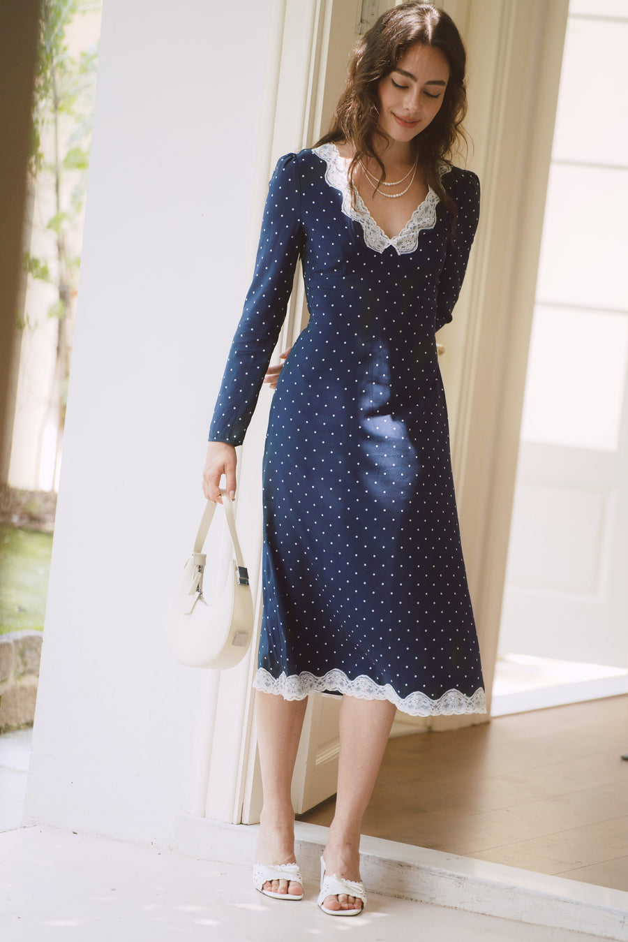 AZURIERA Naomi Silk Dress – Navy Polka Dot Lace Midi Silk Dress