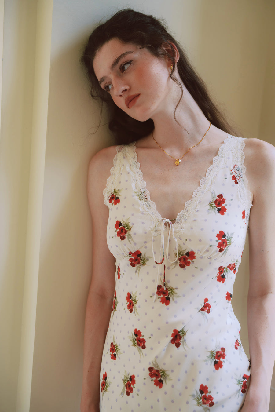 AZURIERA Marie Silk Slip Dress with Floral Print & Lace Trim