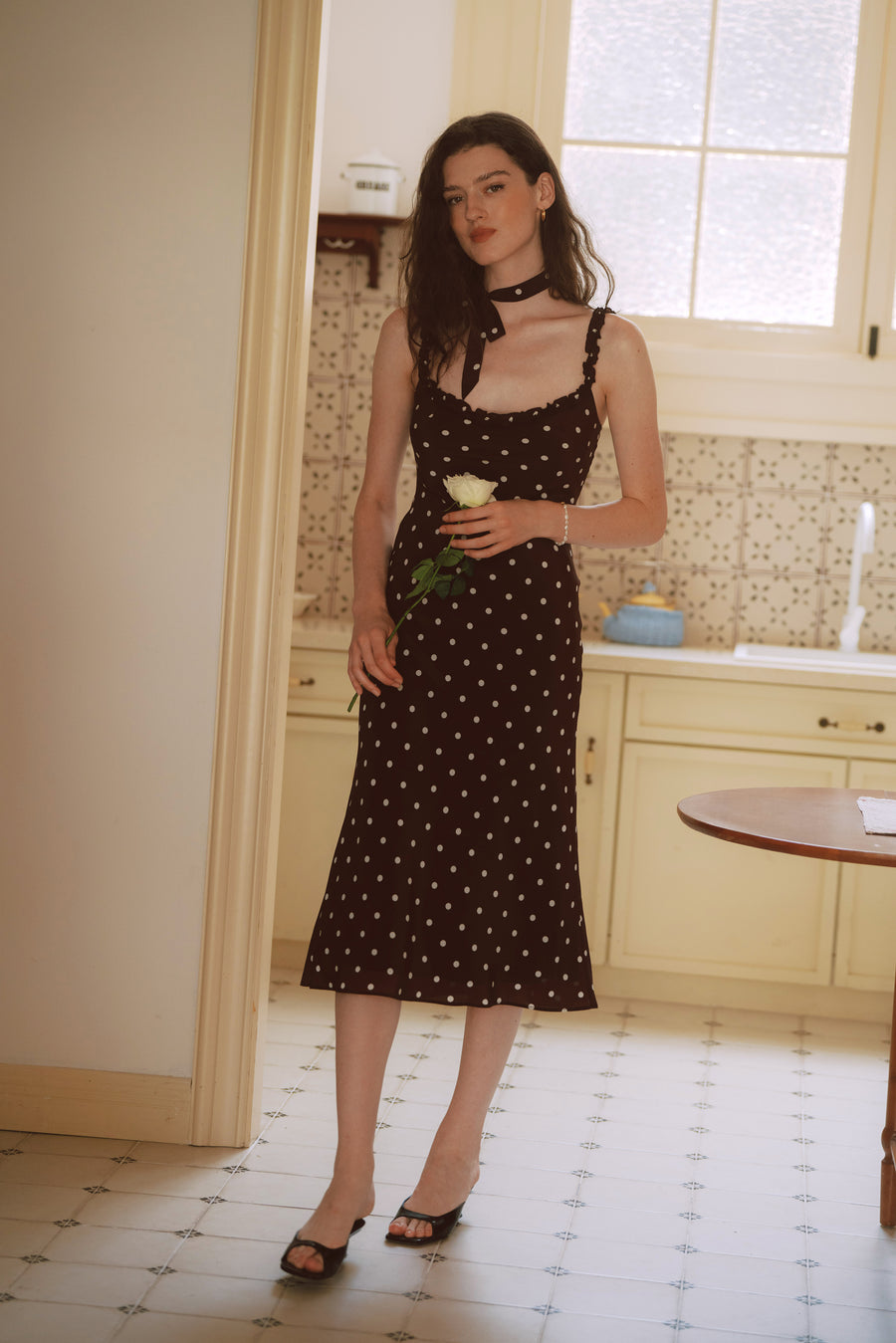 AZURIERA Floy Silk Polka Dot Slip Dress with Ruffle Trim
