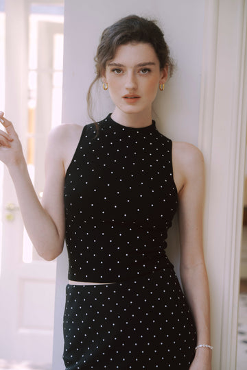 AZURIERA Ivory Knit Top – Polka Dot Mock Neck Sleeveless