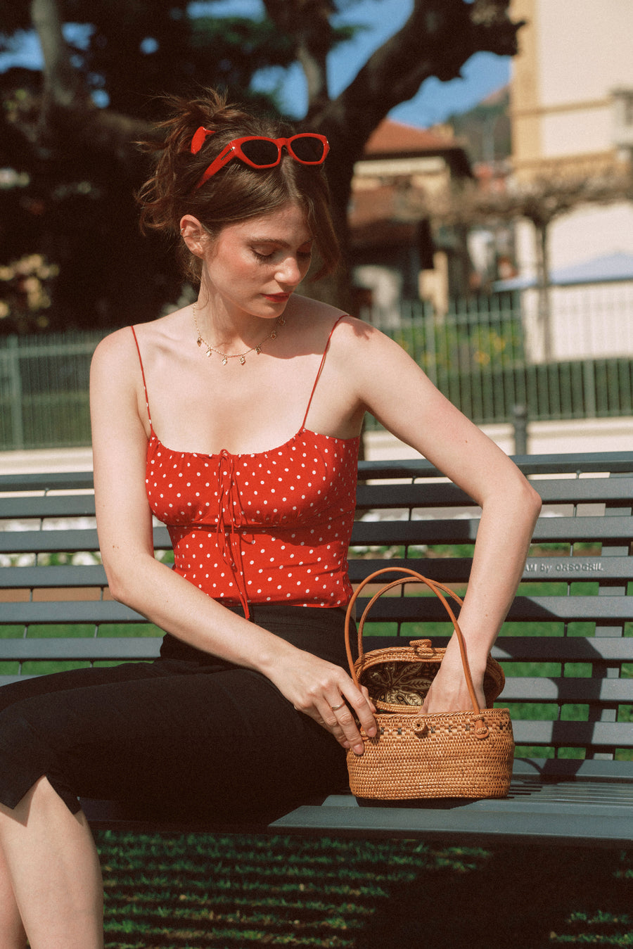 AZURIERA｜Charis Silk Red Polka Dot Crop Top