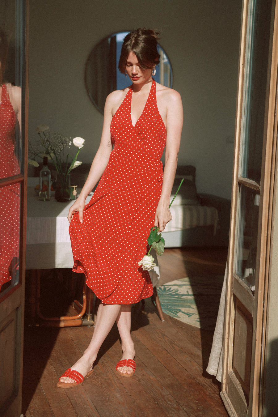 AZURIERA｜Silk Polka Dot Halter Wrap Dress – Red Backless Midi