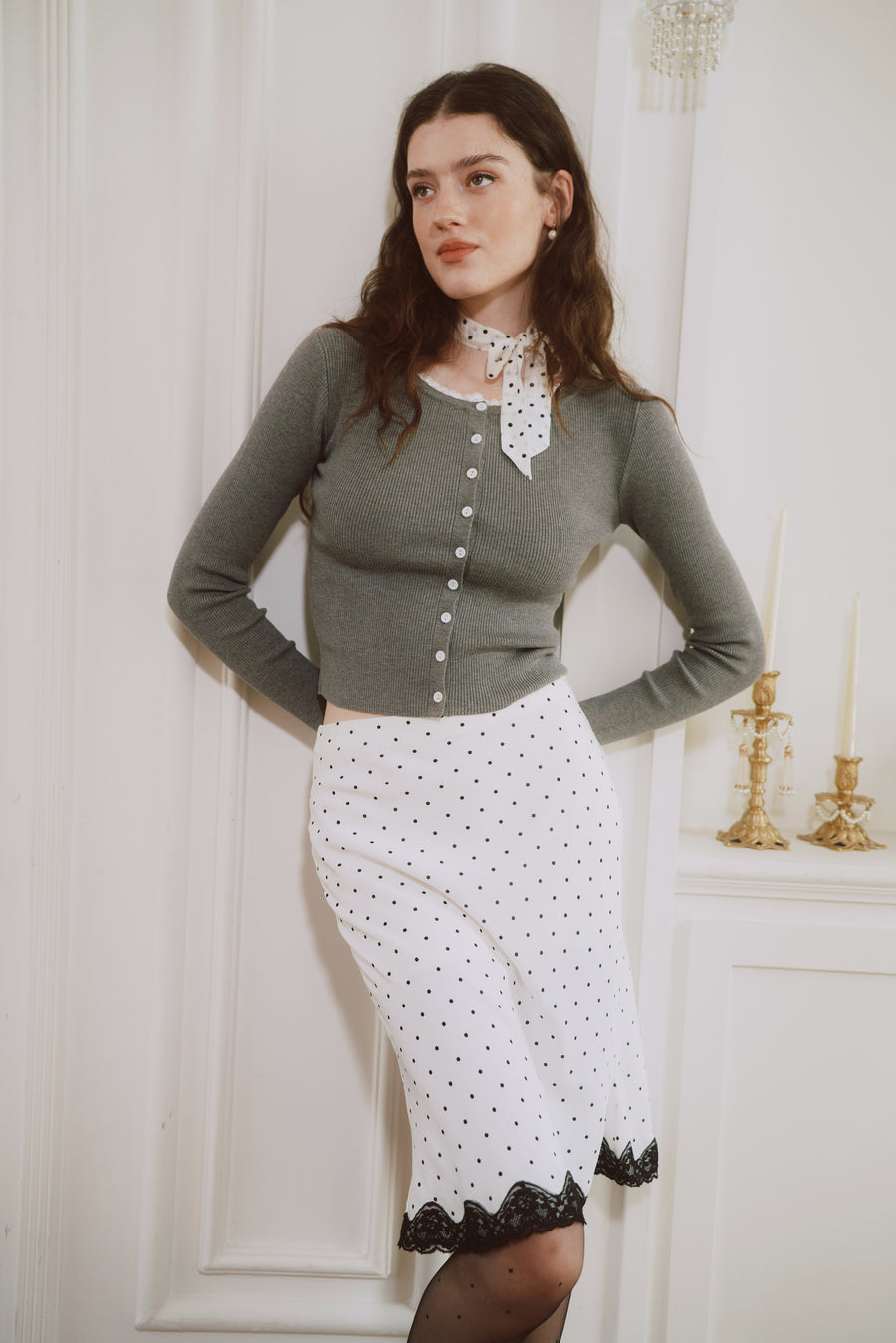 AZURIERA Fiona Knit Top – Ribbed Cardigan with Lace Trim