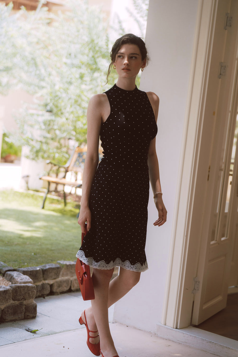 AZURIERA Ivory Knit Top – Polka Dot Mock Neck Sleeveless