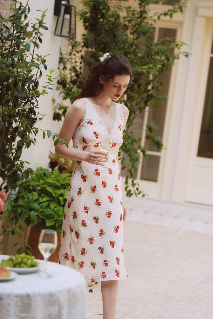 AZURIERA Marie Silk Slip Dress with Floral Print & Lace Trim