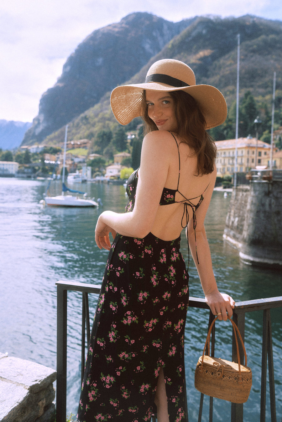 AZURIERA｜Silk Rosebud Lace-Up Midi Dress – Open Back Floral Slip