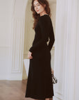 AZURIERA Alvira Knit Dress – Elegant Black Long Sleeve Midi Dress