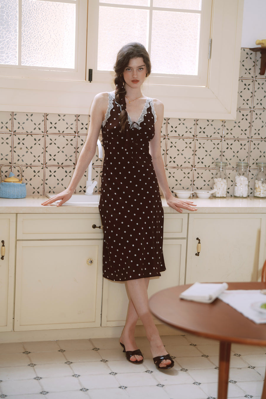 AZURIERA Marie Silk Polka Dot Slip Dress with Lace Trim