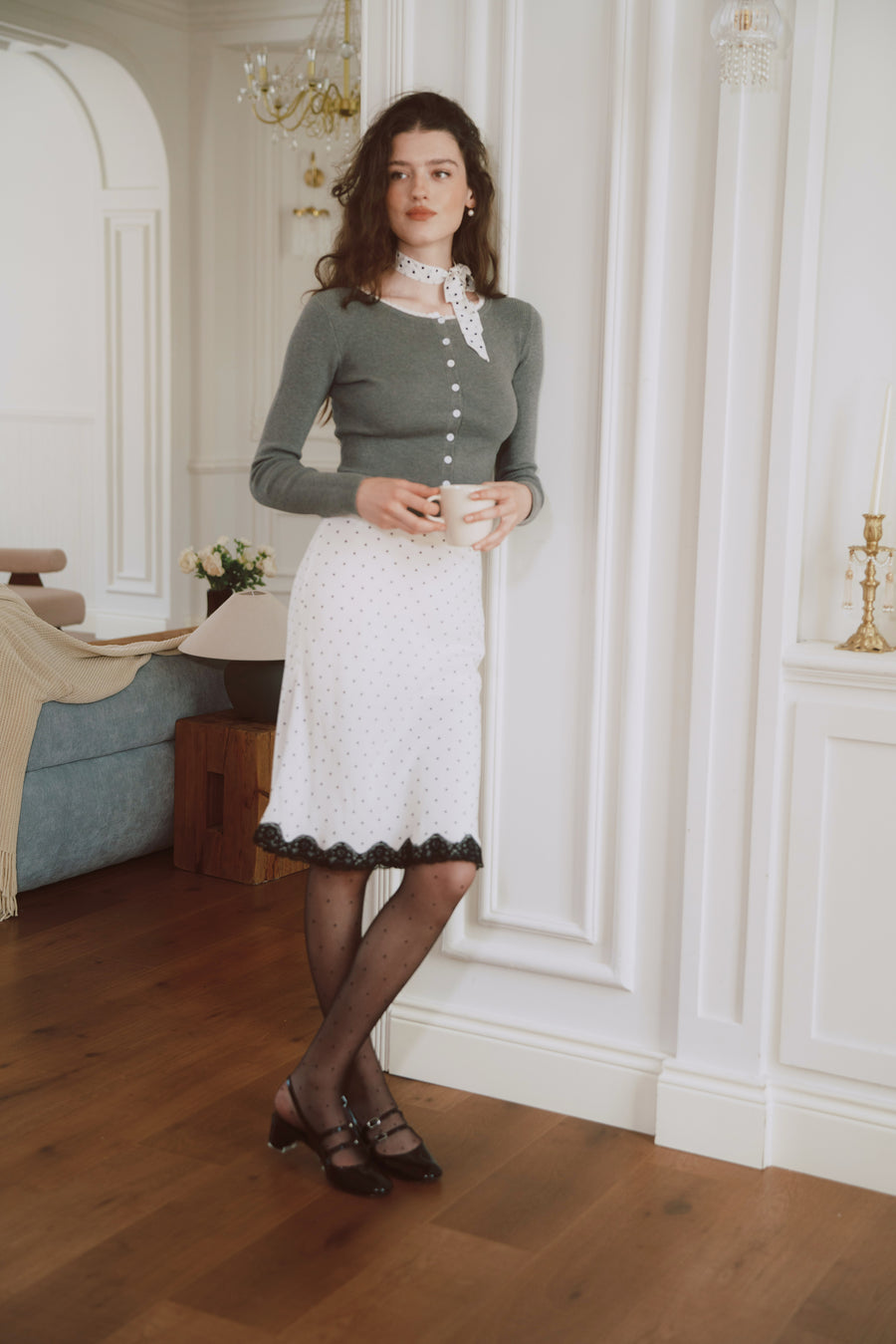 AZURIERA Fiona Knit Top – Ribbed Cardigan with Lace Trim