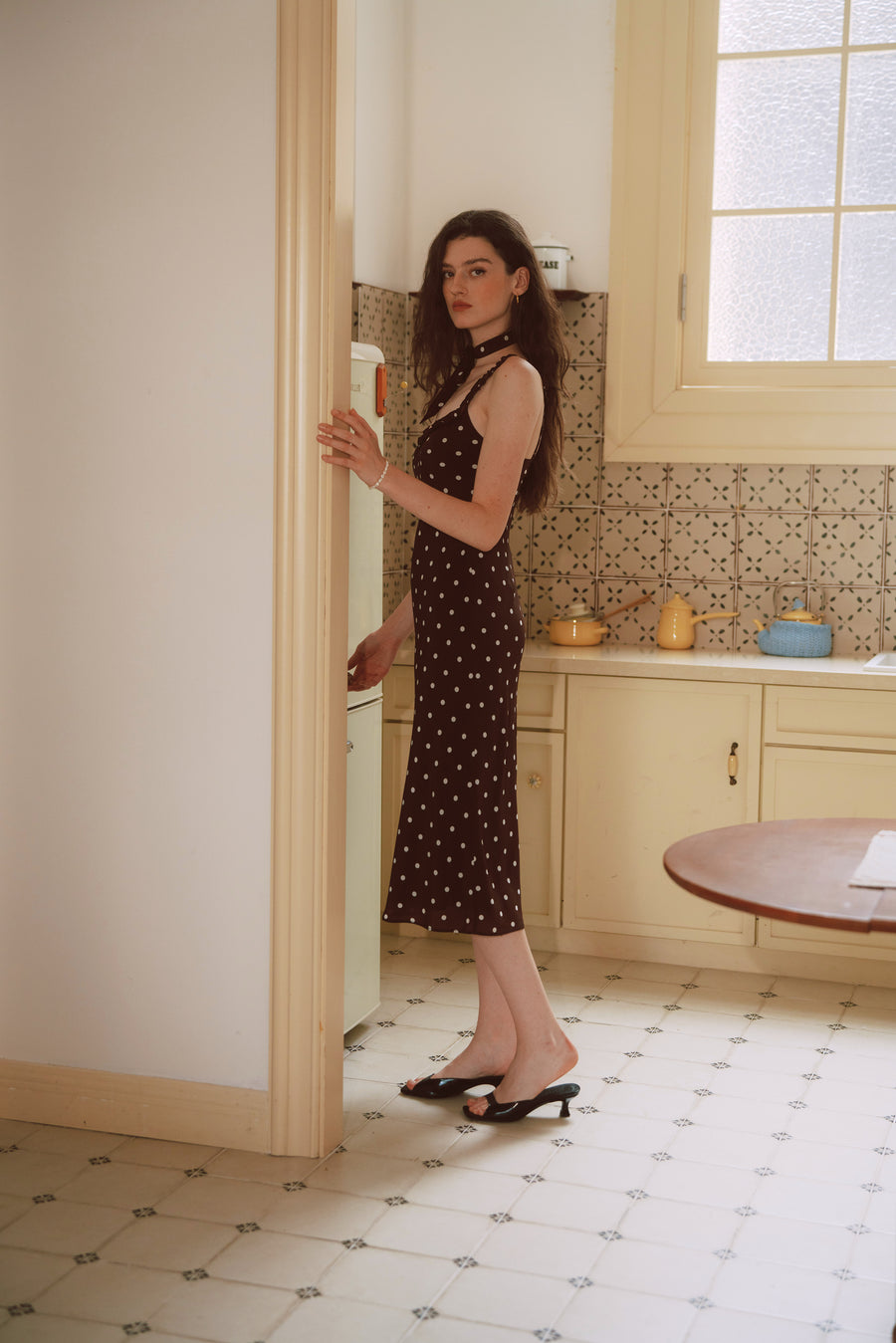 AZURIERA Floy Silk Polka Dot Slip Dress with Ruffle Trim