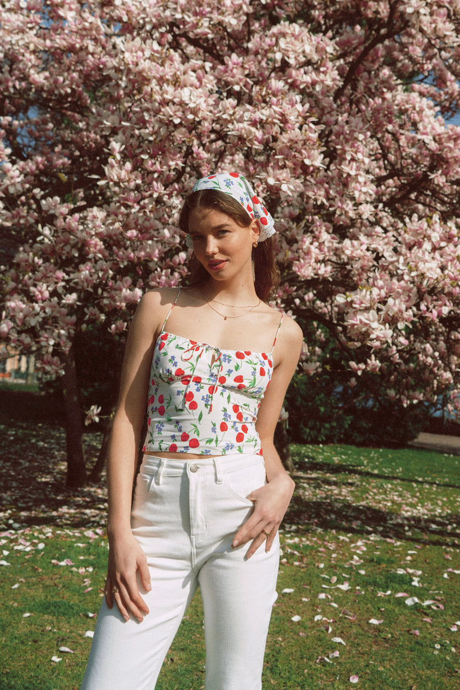 AZURIERA｜Charis Silk Cherry Print Bustier Top – Floral Smocked Cami