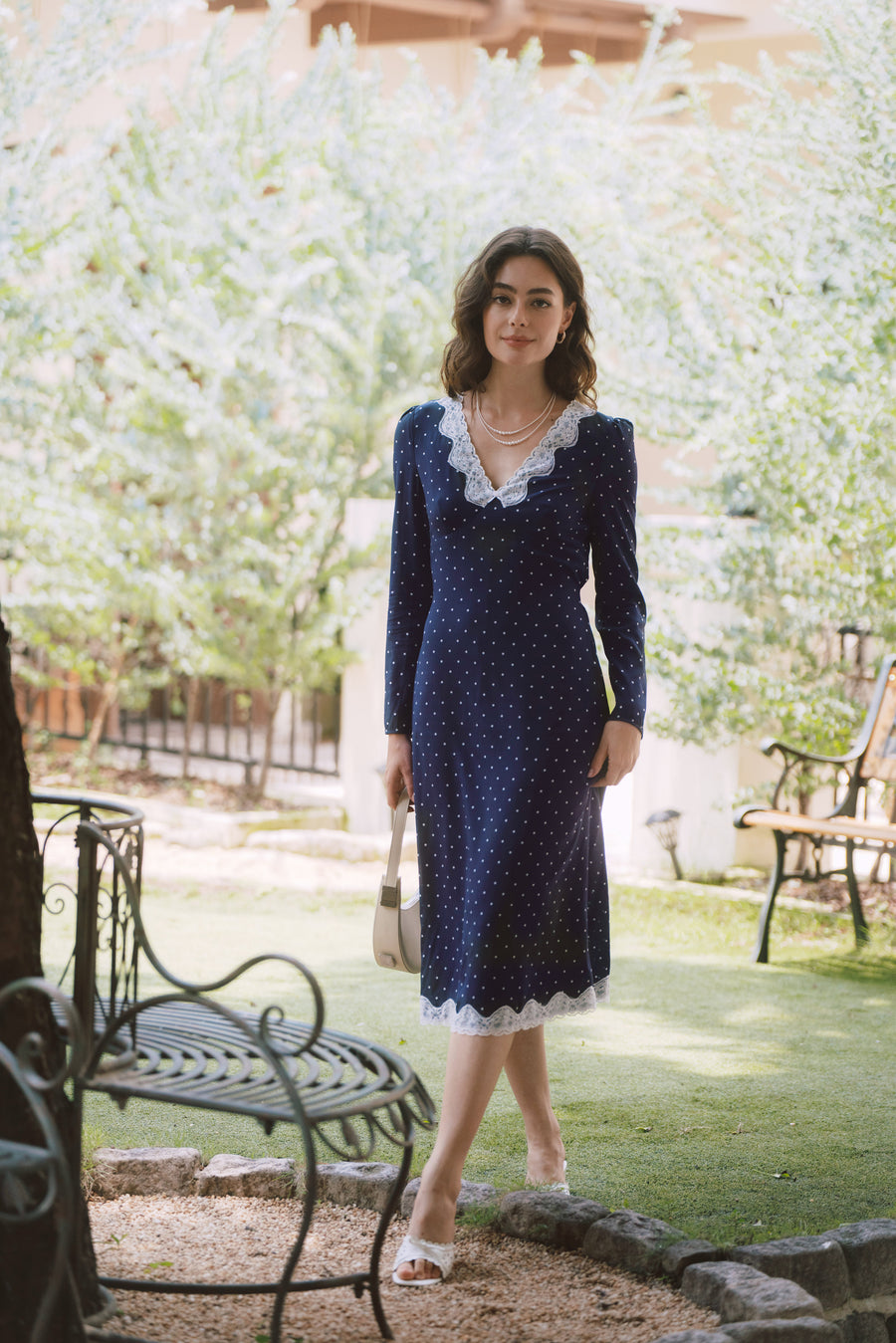 AZURIERA Naomi Silk Dress – Navy Polka Dot Lace Midi Silk Dress