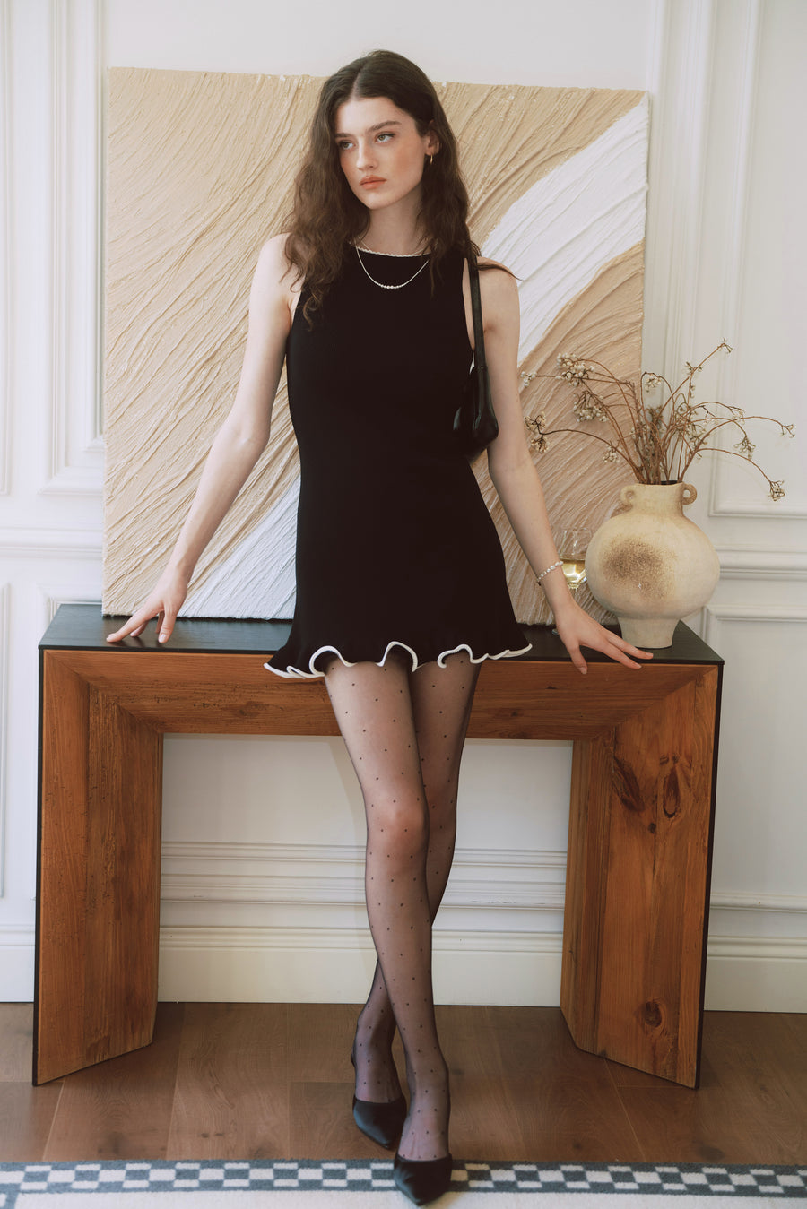 AZURIERA Carolyn Knit Black Mini Dress with Lace & Wave Hem