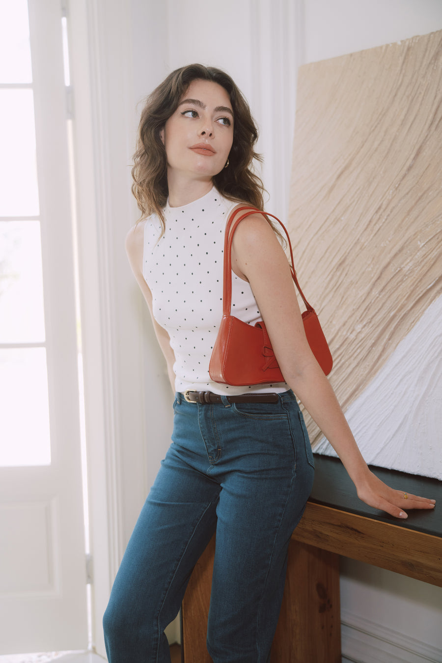 AZURIERA Ivory Knit Top – Polka Dot Mock Neck Sleeveless