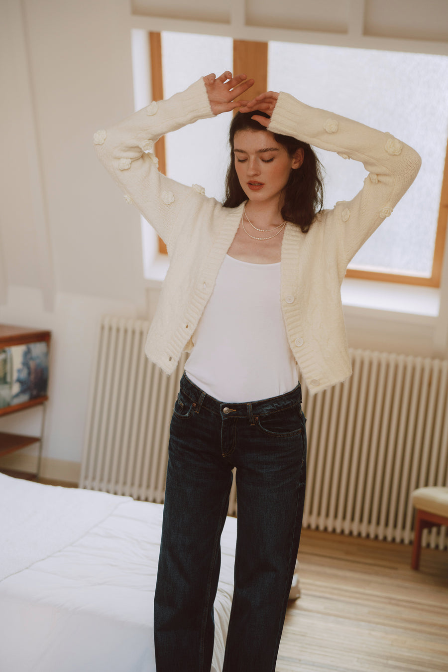 AZURIERA Wendy Cardigan – Wool Blend Cable Knit with Floral Details