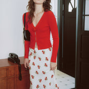 AZURIERA Roma Knit Top – Red V Neck Cardigan with Floral Detail