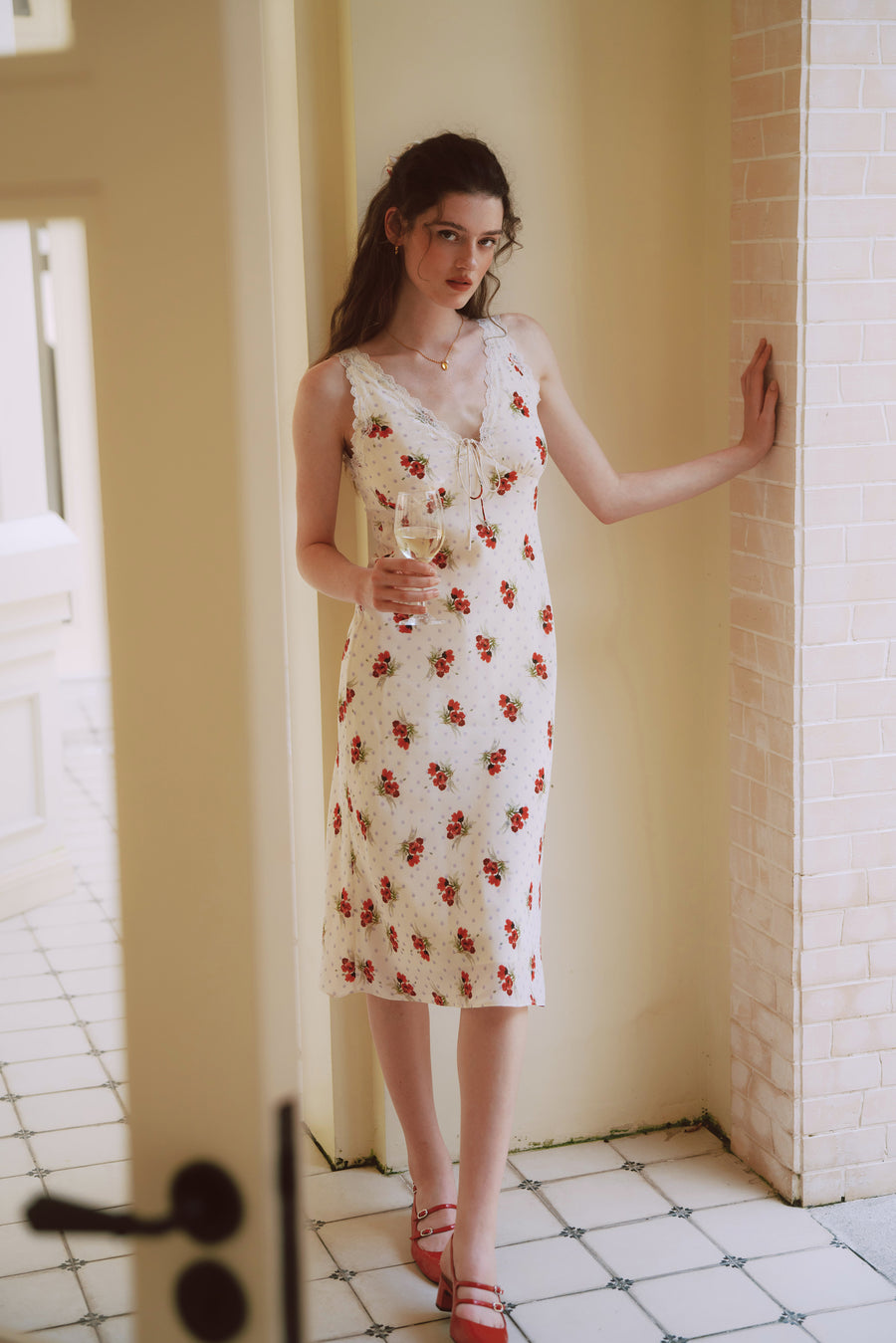 AZURIERA Marie Silk Slip Dress with Floral Print & Lace Trim