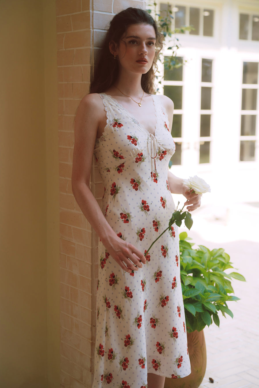 AZURIERA Marie Silk Slip Dress with Floral Print & Lace Trim