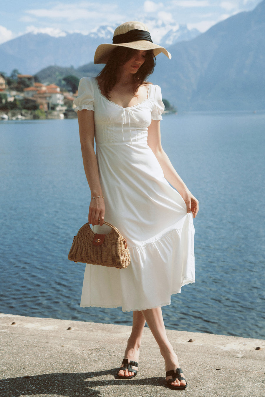 AZURIERAWhite Corset-Front Puff Sleeve Dress Summer Midi Romance AZURIERAWhite Corset-Front Puff Sleeve Dress Summer Midi Romance