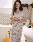 AZURIERA Marie Silk Slip Dress Croissant Print with Lace Trim