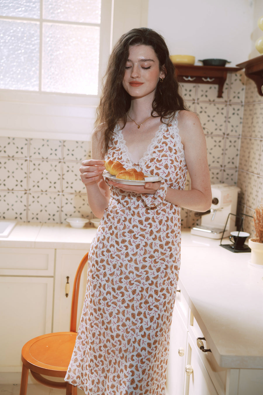 AZURIERA Marie Silk Slip Dress Croissant Print with Lace Trim