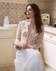 AZURIERA Delia Silk Top – Printed V Neck Tie Blouse with Lace Trim