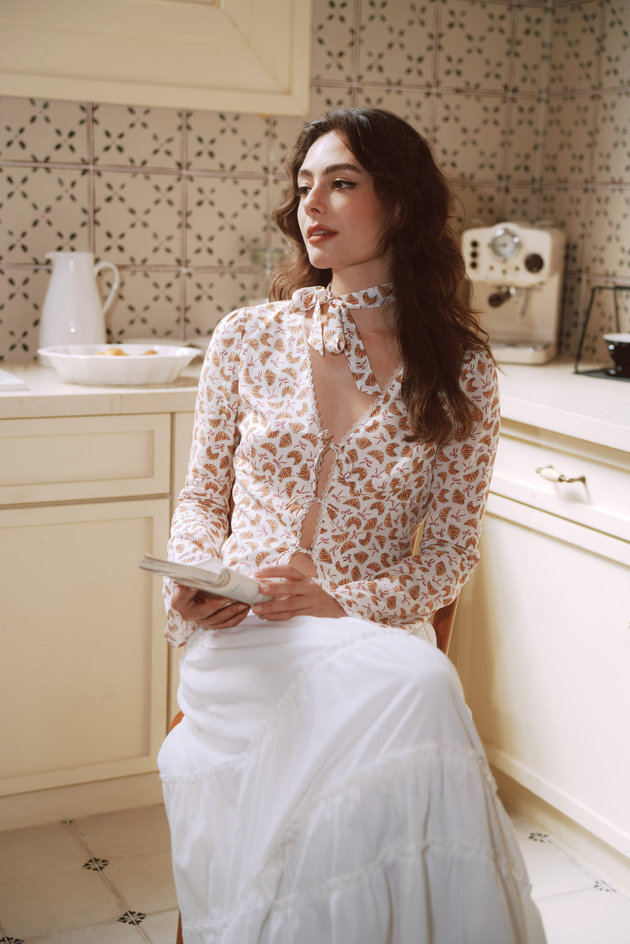 AZURIERA Delia Silk Top – Printed V Neck Tie Blouse with Lace Trim