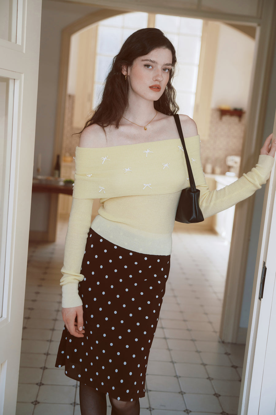 AZURIERA Lottie Knit Top – Off-Shoulder Wool Blend with Bow Details