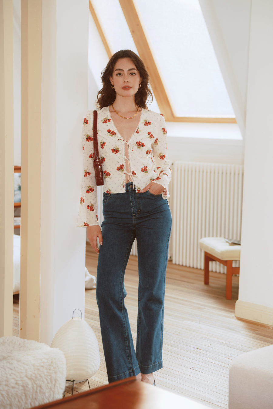 AZURIERA Delia Silk Top – Floral Polka Dot Silk Blouse with Tie Front
