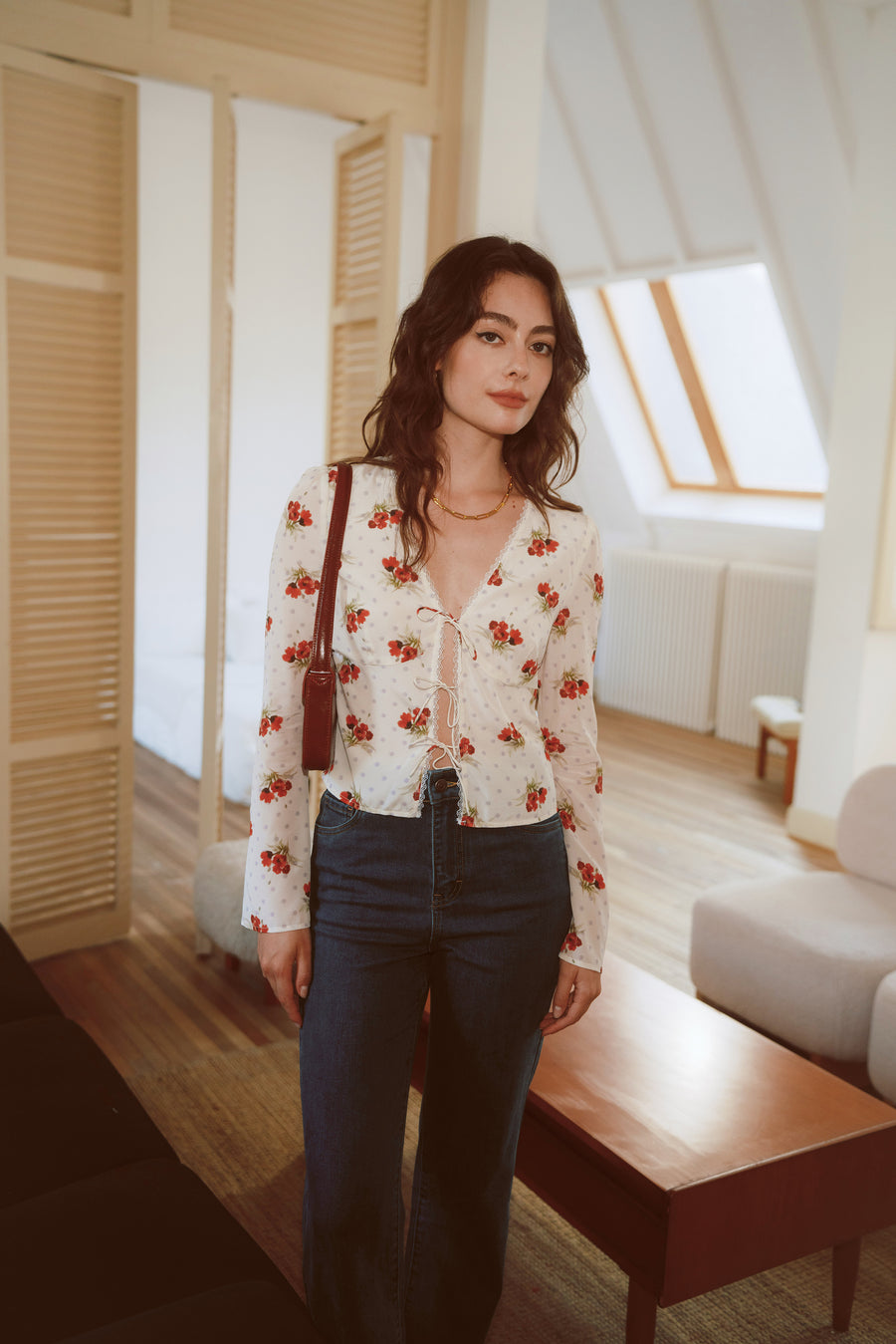 AZURIERA Delia Silk Top – Floral Polka Dot Silk Blouse with Tie Front