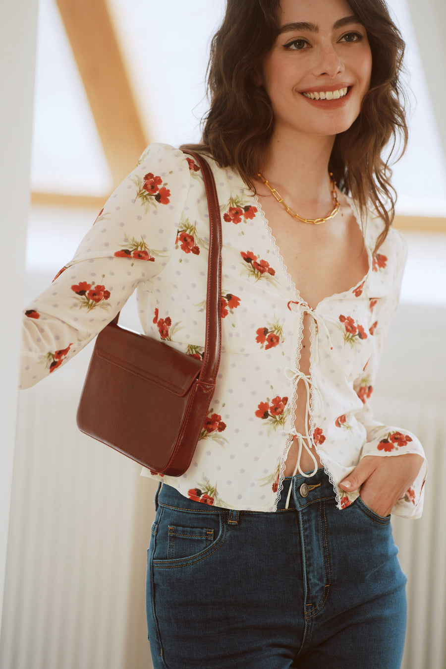 AZURIERA Delia Silk Top – Floral Polka Dot Silk Blouse with Tie Front