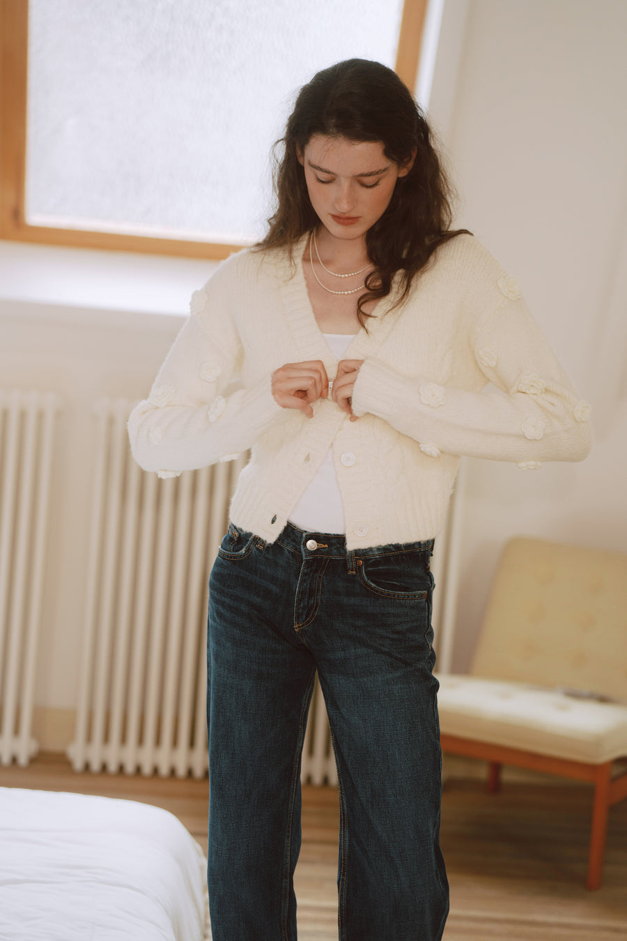 AZURIERA Wendy Cardigan – Wool Blend Cable Knit with Floral Details